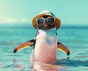 A cool penguin sporting a stylish summer look, chilling by the water and leaving room for eyecatching advertising copy - obrazy, fototapety, plakaty