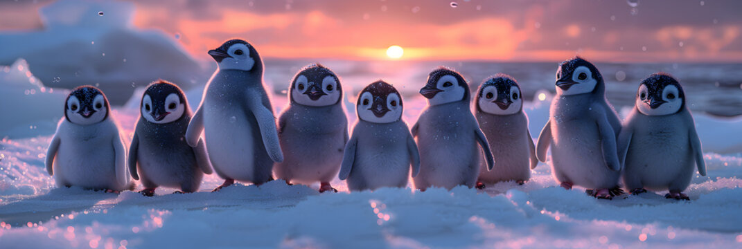 A group of little penguins standing in the snow,
A group of penguins are standing on ice with the words penguin on the bottom

