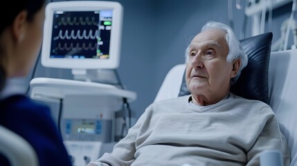 Obraz premium Elderly Patient Undergoing Cardiac Monitoring with EKG Equipment in Hospital Medical Facility