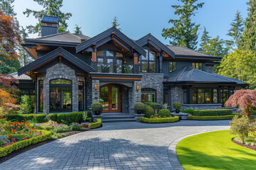 The front of the exterior of an elegant and large home in west vancouver, concrete accents with stone walls. Created with Ai