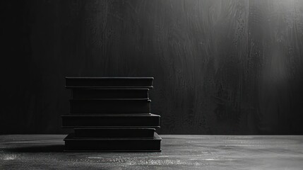 A stack of black books is placed on a wooden table in a dark room