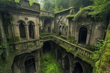 Obraz premium Monumental Abandoned ancient castle. Creepy villa. Generate Ai