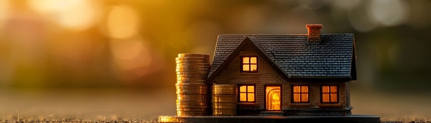 Miniature House with Soft Lighting Showcases Savings Strategy Concept for Residential Real Estate Investment and Property Finance