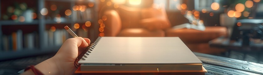 Notebook on Wooden Desk with Faint Bokeh Minimalist Digital Themed Still Life