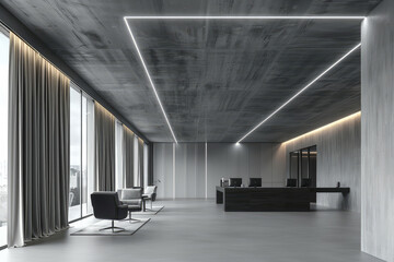 A modern office interior with grey walls, a concrete ceiling and long linear lights. A large open space is decorated in black tones with an entrance door and curtain on the left side. Created with Ai