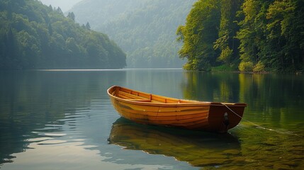 Wooden Boat Floating on Lake