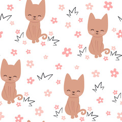 cute hand drawn cartoon character brown cat and daisy flowers seamless vector pattern background illustration	