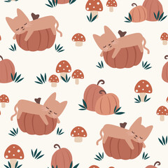 cute hand drawn cartoon character brown cat sleeping on pumpkin funny seamless vector pattern background illustration with mushroom