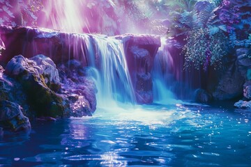 A stunning view of a cascading waterfall flowing into a crystal clear body of water.