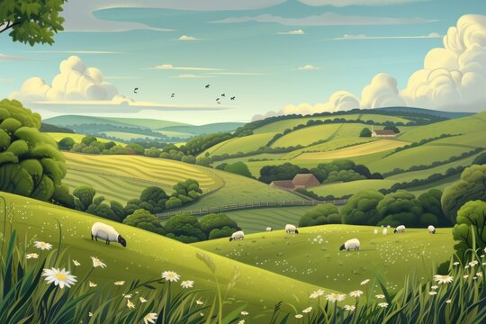 The image captures a charming countryside scene with rolling hills, featuring sheep peacefully grazing in a vibrant green field.