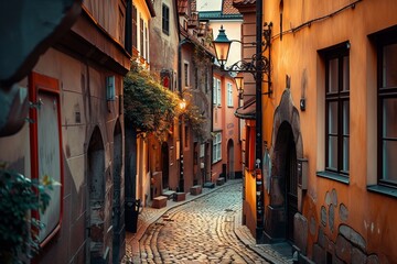 This photo showcases a typical narrow cobblestone street in a charming European city. - obrazy, fototapety, plakaty