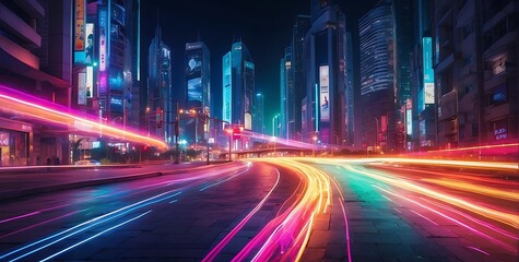 the colorful light trails on the road modern city building background, motion effect 