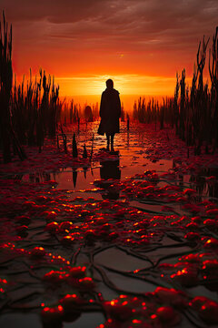 Silhouetted Woman Wading Through Shallow Waters at Sunset Surrounded by Figures in Red
