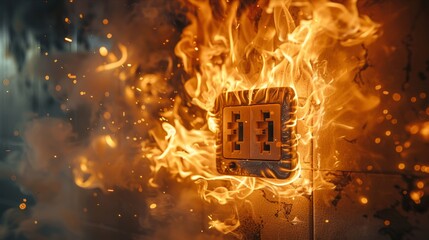 Electric socket on fire depicting danger and emergency