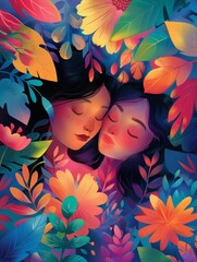 Naklejka premium Bright friendship illustration, warm magical environment, botanical