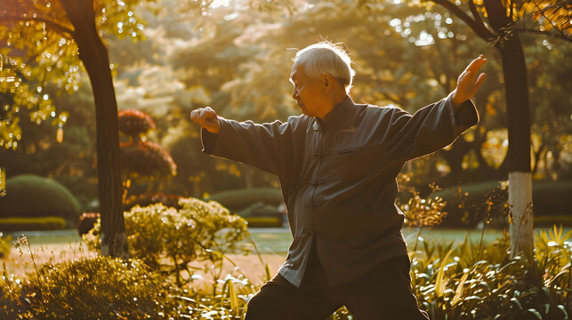 Senior Man Practicing Tai Chi in Tranquil Park at Sunrise, Health and Wellness Concept