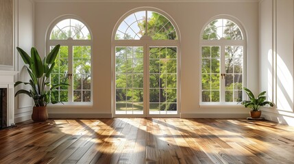 Empty Room With Large Windows and Wood Floor