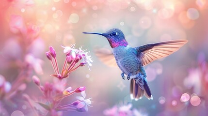 Fototapeta premium Delicate hummingbird in pastel, detailed watercolor, 6K, hovering over a flower, serene and vibrant