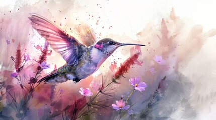 6K detailed pastel watercolor of a hummingbird hovering over a flower, serene and lifelike - obrazy, fototapety, plakaty