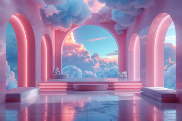 Obraz na płótnie Canvas Pink and blue pastel dreamy clouds in an arched interior, a raised platform with podiums on it. Created with Ai
