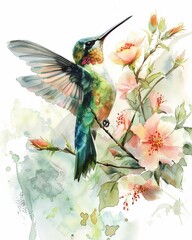 Pastel watercolor, detailed hummingbird hovering over a flower, 6K, gentle and finely detailed