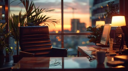 Modern office desk with sunset view in a cityscape setting