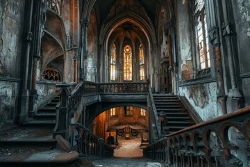 Papier Peint photo Vieil immeuble Desolate Abandoned gothic castle church. Ruin scary. Generate Ai