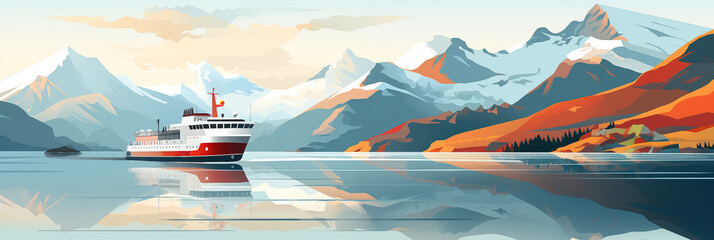 Modern ferry cruising in scenic Norwegian fjord landscape - obrazy, fototapety, plakaty