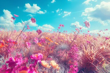 Fototapeta na wymiar A field filled with vibrant purple flowers sways gently under a clear blue sky.