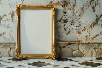 golden picture frame with blank canvas standing on the checkered marble floor leaning against the...