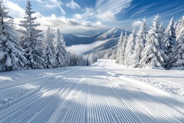 Beautiful winter landscape with ski track and snow-covered trees in mountains against blue sky with clouds, sunny day