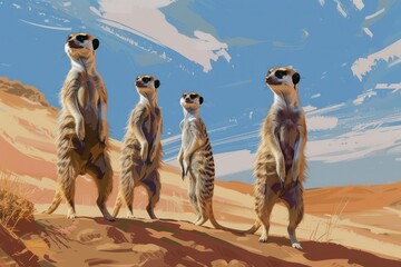 A group of meerkats standing on their hind legs in the barren desert.