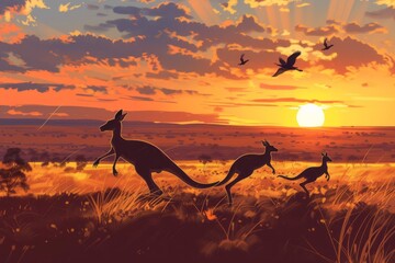 A family of red kangaroos bounding across a field in Australia at sunset. - obrazy, fototapety, plakaty