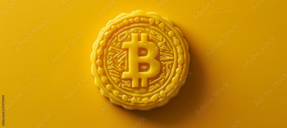 Poster Bitcoin currency on yellow background. Generative AI technology.