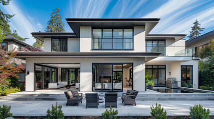 Exquisite exterior of a new luxury home, featuring a grand front patio, minimalist and modern design,