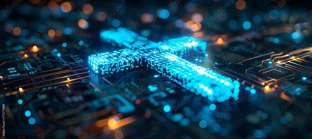 Poster Digital Jesus Cross symbol lying on circuit board hardware technology. Generative AI technology.