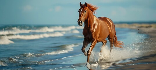 Chestnut horse galloping running at beach. Generative AI technology. - obrazy, fototapety, plakaty