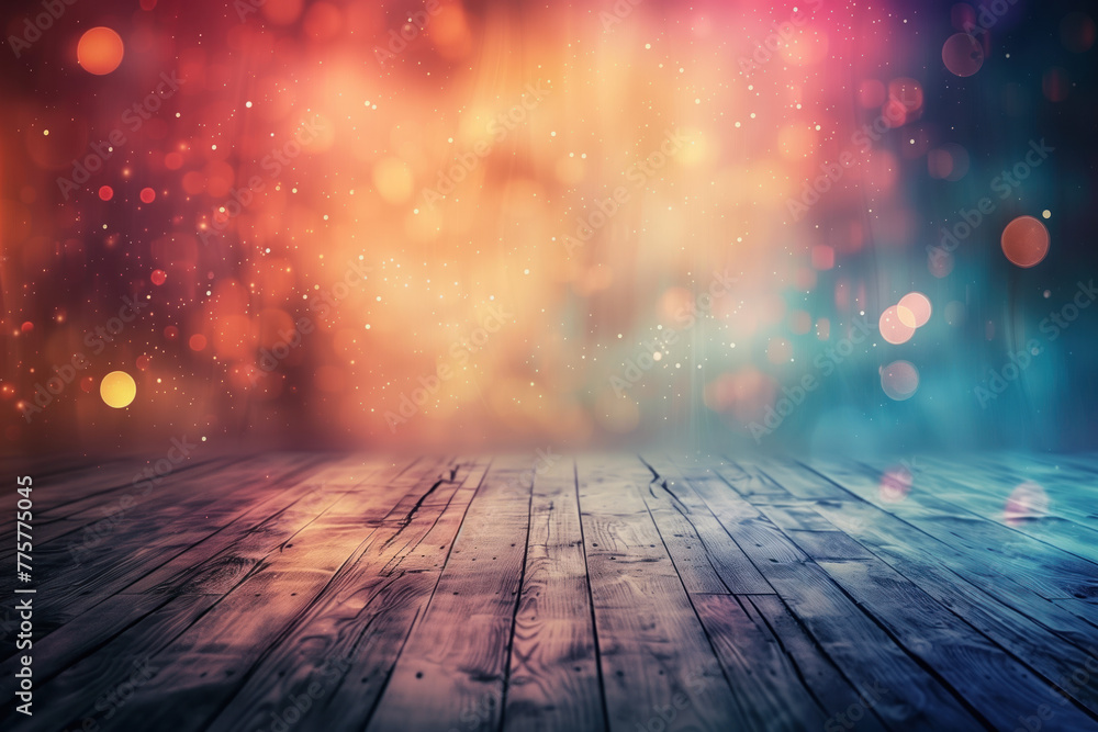 Poster wooden table with blurred lights and bokeh. background image. created with generative ai technology.