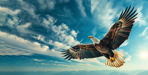 Fototapeta premium bald eagle on the background of the blue sky in flight with beautifully spread wings, a symbol of freedom and pride on a large-format banner