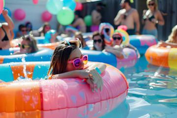 Young girl enjoying a summer pool party with friends, colorful floats and balloons in the background