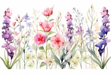 watercolor of gladiolus clipart with tall spikes of colorful blooms. flowers frame, botanical border, Watercolor Flowers Frame Isolated On White background. For greeting card. - obrazy, fototapety, plakaty