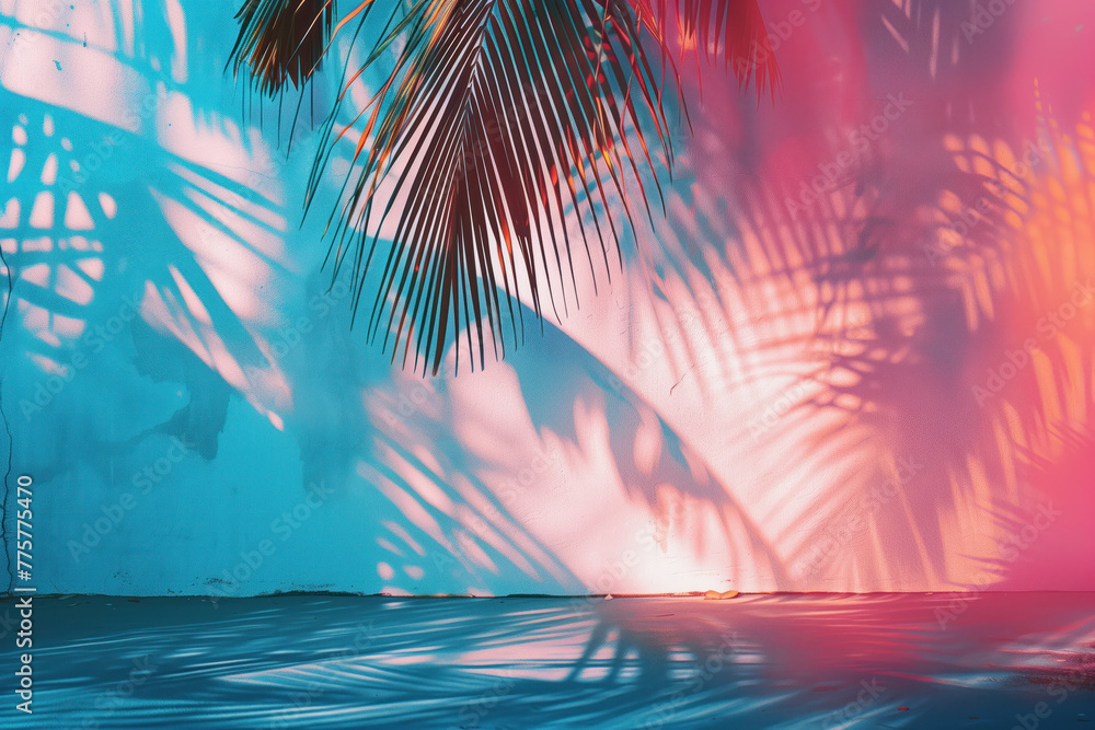 Poster palm leaves in a room framing a background with space in the middle. created with generative ai tech