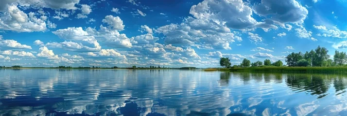 Poster Lake And Sky. Beautiful Panorama of Kama River Blue Sky Reflecting in Calm Waters © AIGen