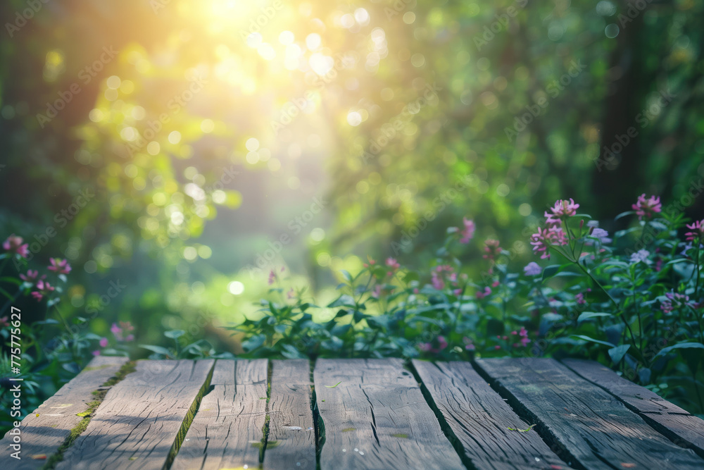 Aufkleber wooden terrace floor in the garden. blurred trees in the back. background image. created with genera