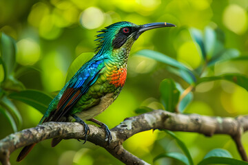 Vibrant Tropical Bird on Tree Branch Amidst Lush Green Foliage: A Snapshot from Mother Nature's...