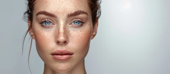 A woman's face with prominent freckles - obrazy, fototapety, plakaty