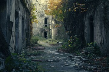 Haunted Abandoned ruined street. Ruin disaster. Generate Ai