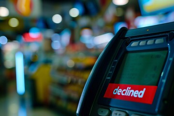 Declined. The payment was rejected.  The debit card bank account is blocked. Concept. Credit card swiping failed.
