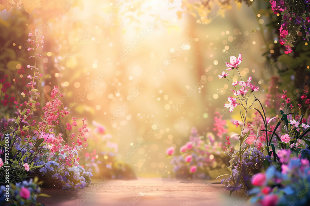 Poster background with blossom plants and sunshine. background image. created with generative ai technology