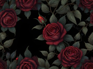 Seamless, Gothic floral pattern with dark roses and thorns on a black background, generative AI